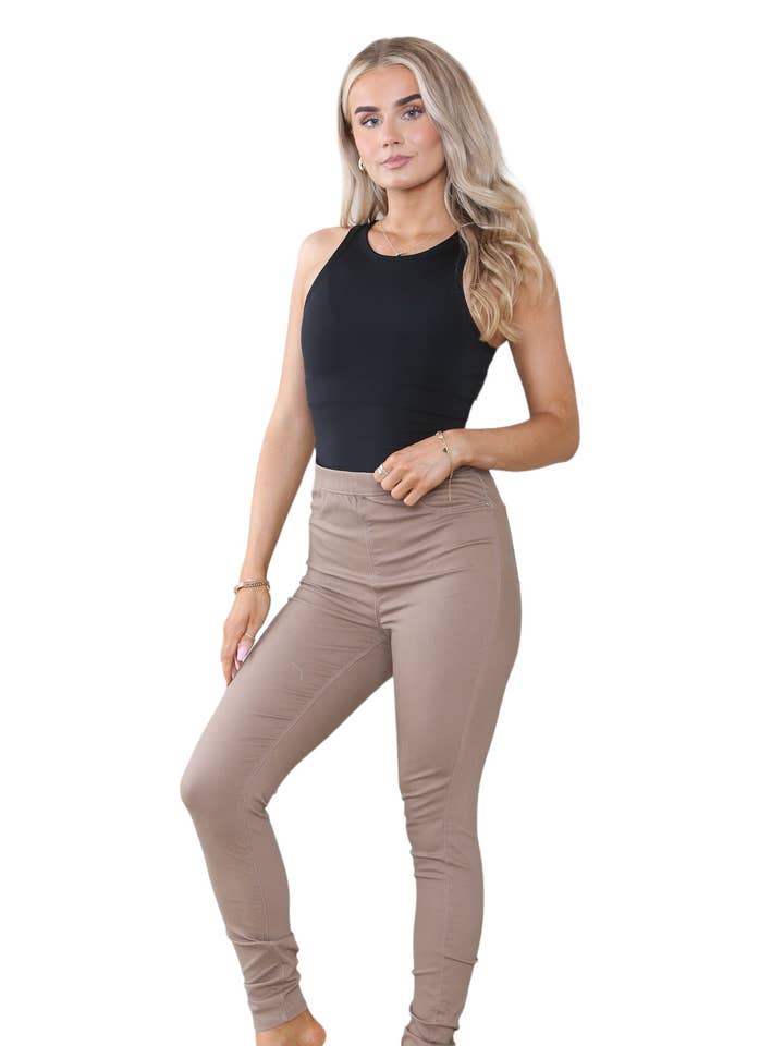 Jeggings vaqueros ajustados de talle alto para mujer en color moca, rosa, menta claro, azul marino con cintura elástica - Pantalones leggings de moda casual elegante para verano. para venta al por mayor de Elainah Fashion