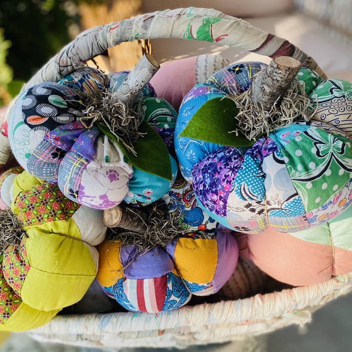 A Gnome on the Roam - Wholesale Decorative Tabletop Object - Handmade Fabric Pumpkins Vintage Quilt Top 7" Fall Decor3