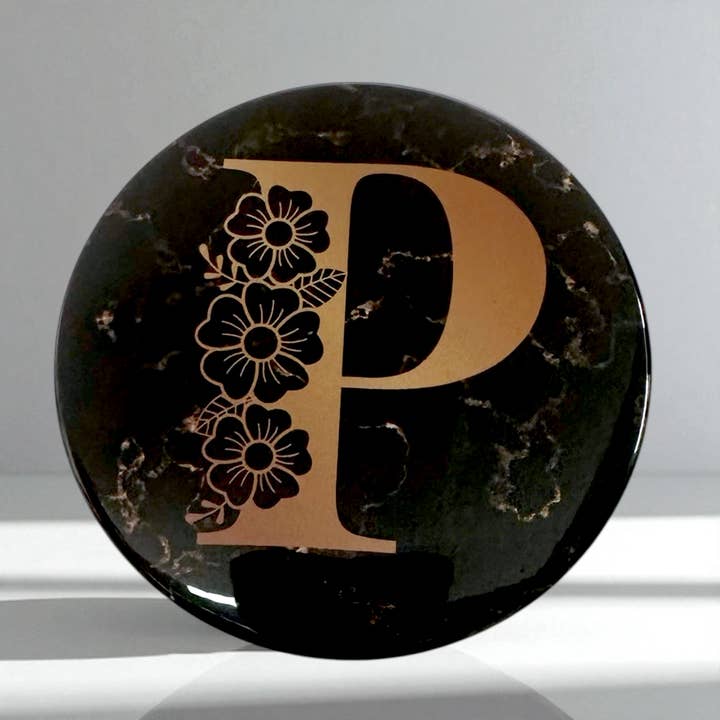 Monogram Mirror "P" - 3" Round for wholesale by Monumental Prints & Pins