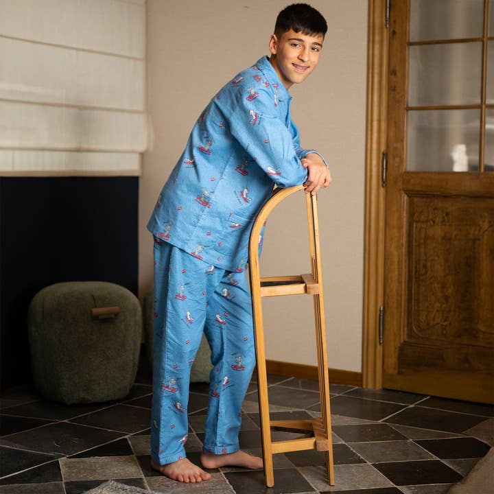 Sky Blue La Glisse Children's Winter Flannel Pajamas Set for wholesale on Faire4