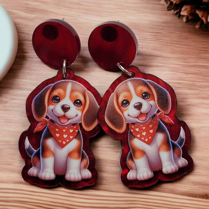 Beagle Pup Acrylic Earrings with Red Bandana for wholesale by Morgan's Corner