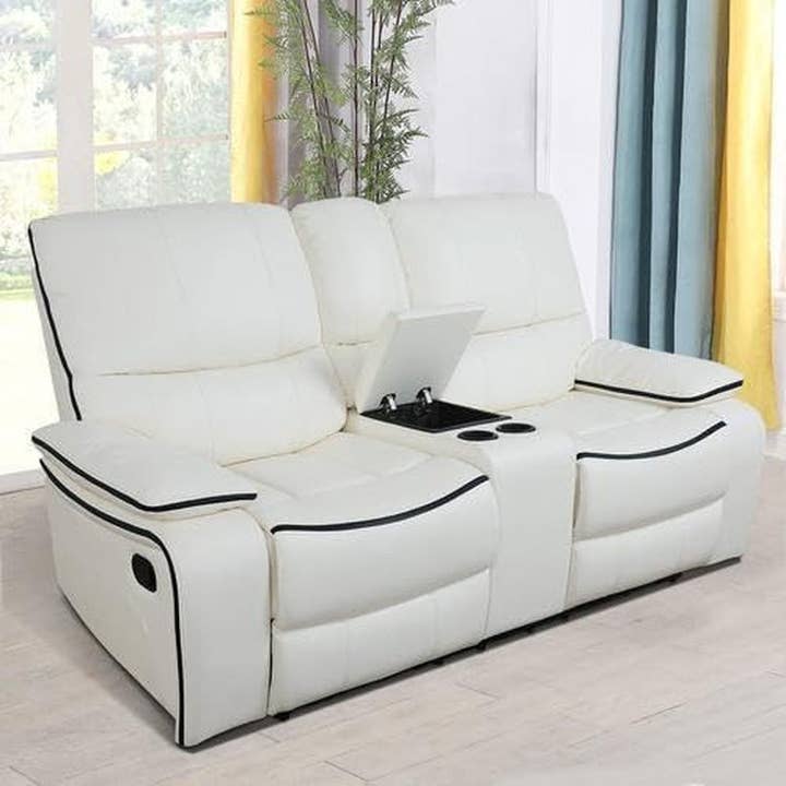 Creamy White Leather Recliner Sofa Set With Storage Console for wholesale on Faire8