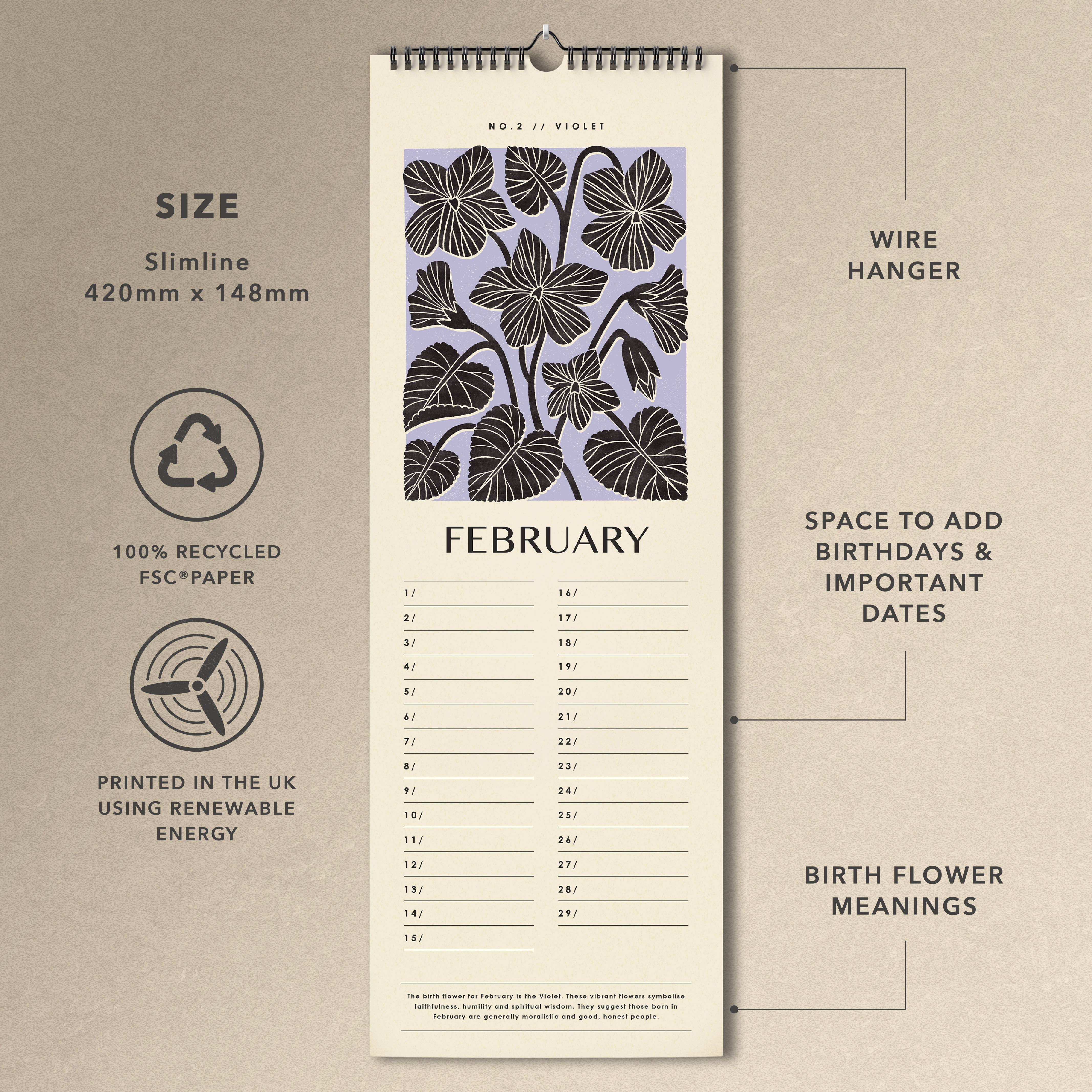 Bird & Co Studio - Wholesale Calendar - Birth Flower Perpetual Birthday Wall Calendar - Slim5