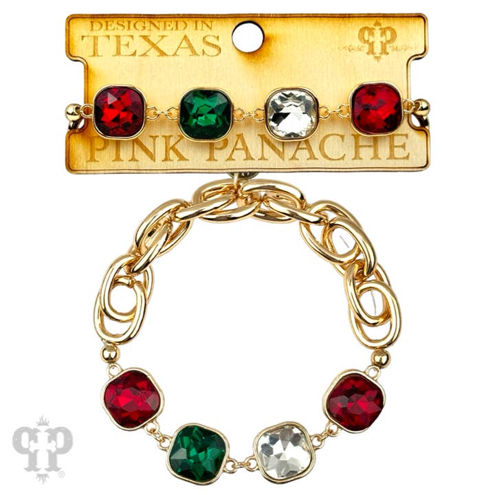 Pink Panache Brands - Wholesale Charm/Dangle Bracelet - Square colorful rhinestone and stretch gold tone bracelet