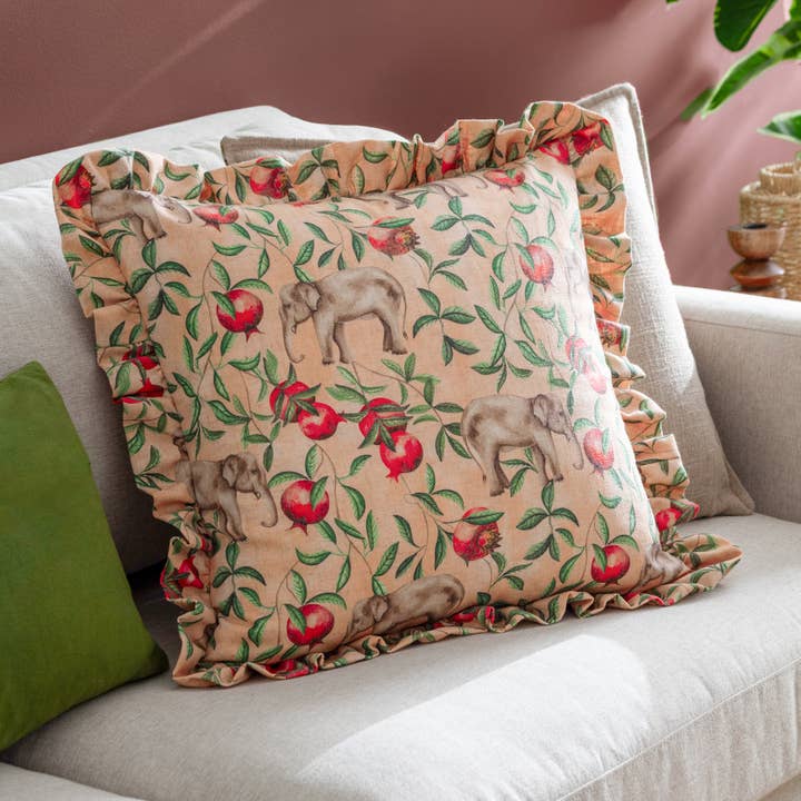 Okara Elephant Printed Ruffle Cushion Peach/Linen for wholesale by Riva Home