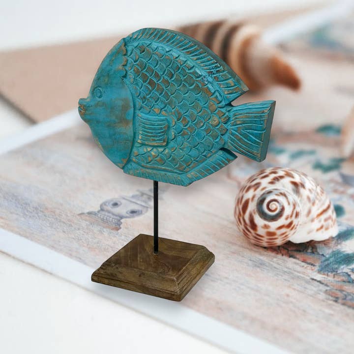 "Fish Tales" Polly Puffer Fish Hand-Carved Wood Sculpture for wholesale by Wilco Home