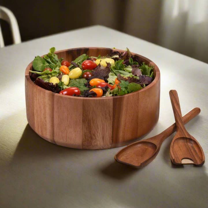 Kalmar Home - Wholesale Serve Bowl - Large Acacia Wood Serving/Salad Bowl with Utensils – 10" 2
