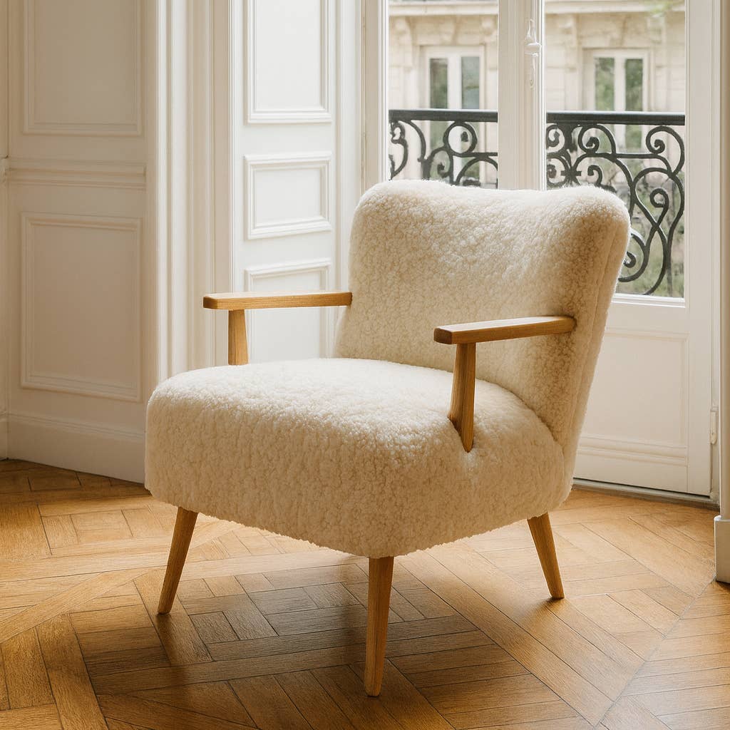 Now's Home - Wholesale Chair - ECRU FUR EFFECT ARMCHAIR WOODEN STRUCTURE 62X65.5X70 ELIOT1