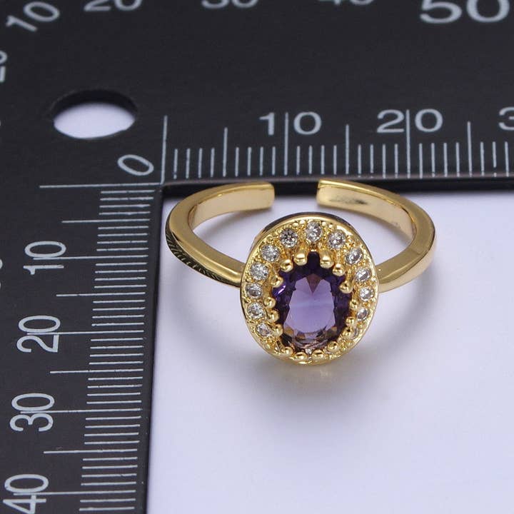Aim Eternal - Wholesale Single Stone/Solitaire Ring - Micro Pave Oval Purple Amethyst Cubic Zirconia CZ Adjustable Gold Ring S2483