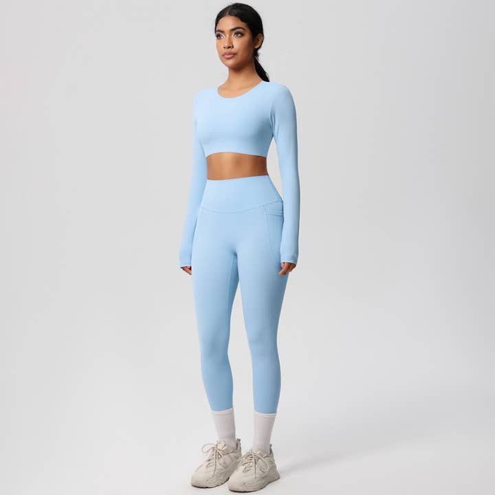 Sodalemon - Wholesale Activewear Set - Women's - Women High-Waist Yoga Set:Cropped Long Sleeve Top + Leggings11