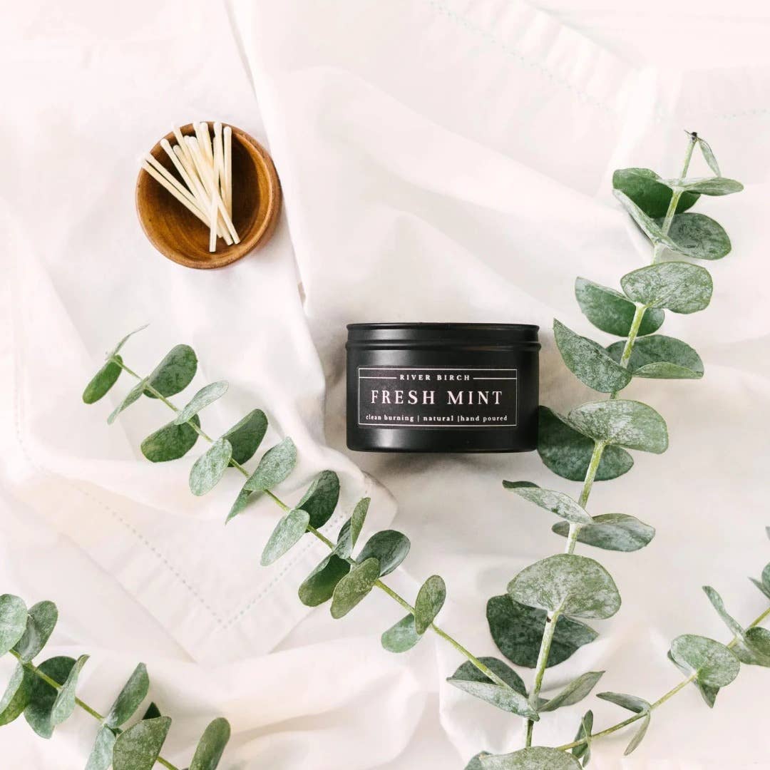 River Birch Candles - Wholesale Travel Candles - 8oz Fresh Mint - Black Tin Soy Candle1