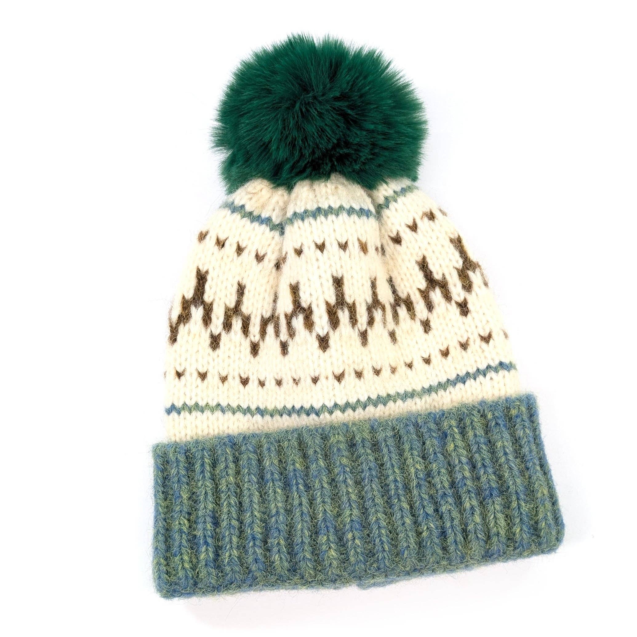 Black Ginger - Wholesale Beanie - Women's - Fair Isle Pattern PomPom Hat - Green1