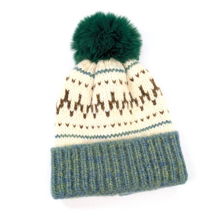 Black Ginger - Wholesale Beanie - Women's - Fair Isle Pattern PomPom Hat - Green1