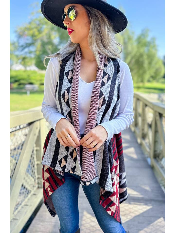 Black Western Aztec Printed Open Front Knitted Cowl Vest for wholesale on Faire3