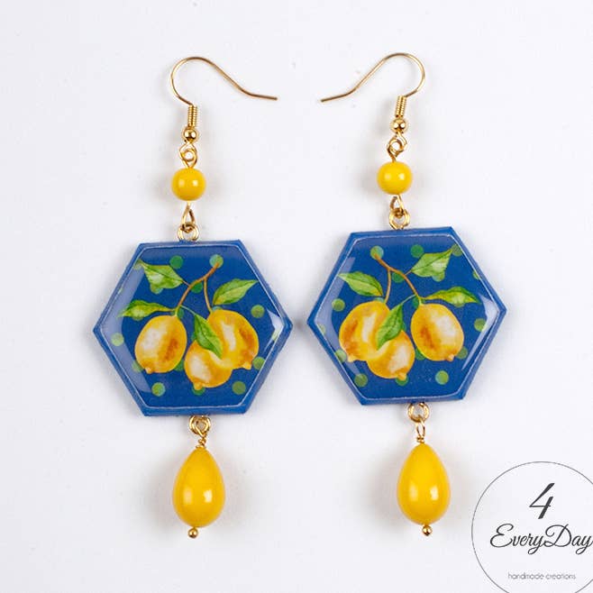 Wood and resin earrings - Lemon majolica hexagons for wholesale by 4everyday Handmade