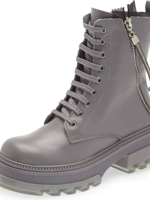 BONSAI GREY LEATHER BOOTIE WITH LUG SOLE AND ZIPPER for wholesale by Sheridan Mia
