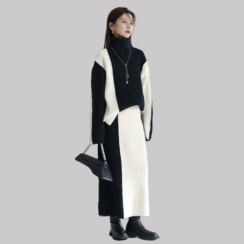 WHITE BLACK Color-Blocked Knit Top And Skirt Set for wholesale on Faire5