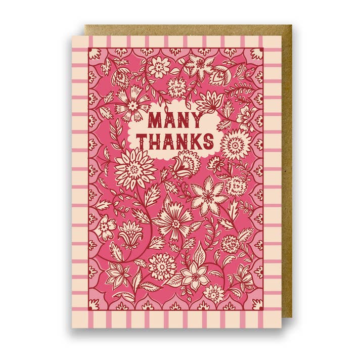 Indian Floral Thank You Card - Many Thanks Stripe & Floral for wholesale by Jessie Maeve Studio
