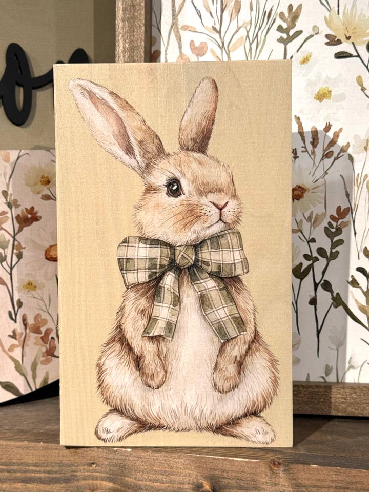 Decorative Wooden Block 9" x 5.5" Rabbit with Bow for wholesale by Whippoorwill Charm