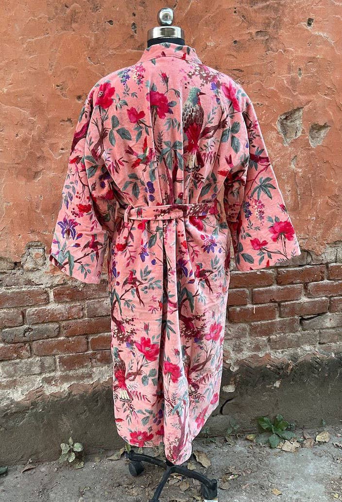 bhavnas boutique – wholesale Morgonrock - Dam – Indiska fågeltryckta lyxiga sammetsrockar Unisex Kimono6