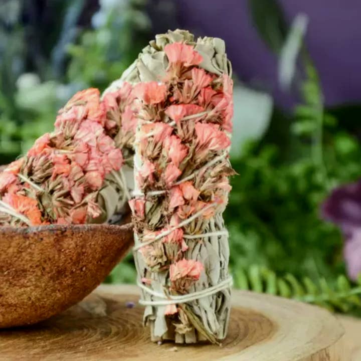 Orglamix - Wholesale Smudge Stick - Love Intention Smudge Stick - Natural Sage - Pink Flowers