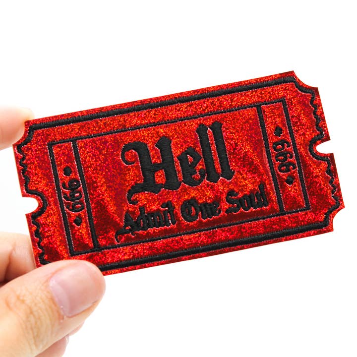 Project Pinup – Großhandel Aufnäher – Gothic-Patch „Holo Hell Admit One Soul 666“, glitzernd, rot