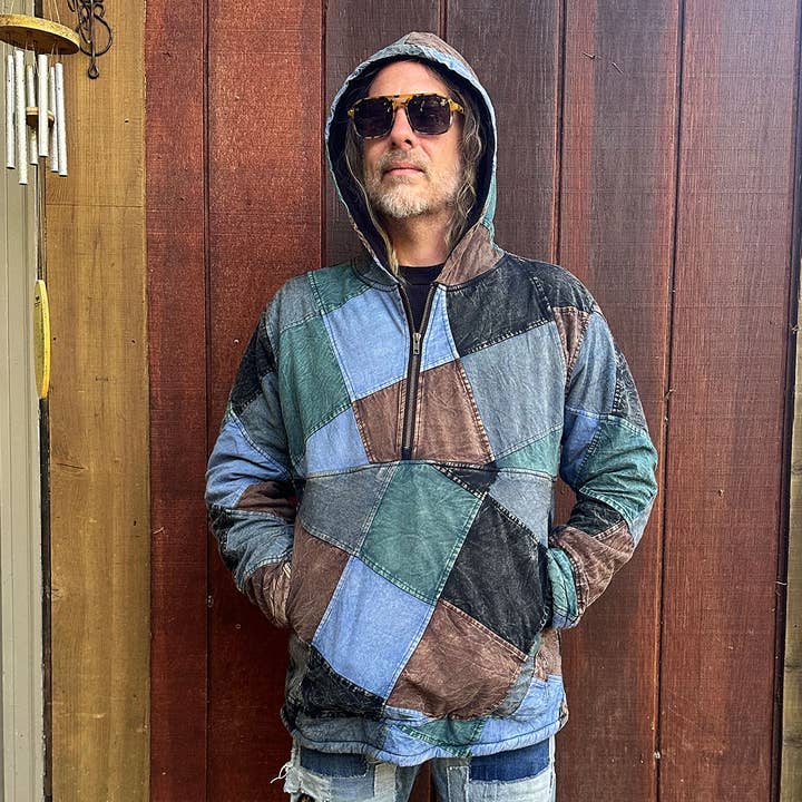 as shown Cotton Stonewash Patchwork Fleece Lined Men's Hooded for wholesale on Faire