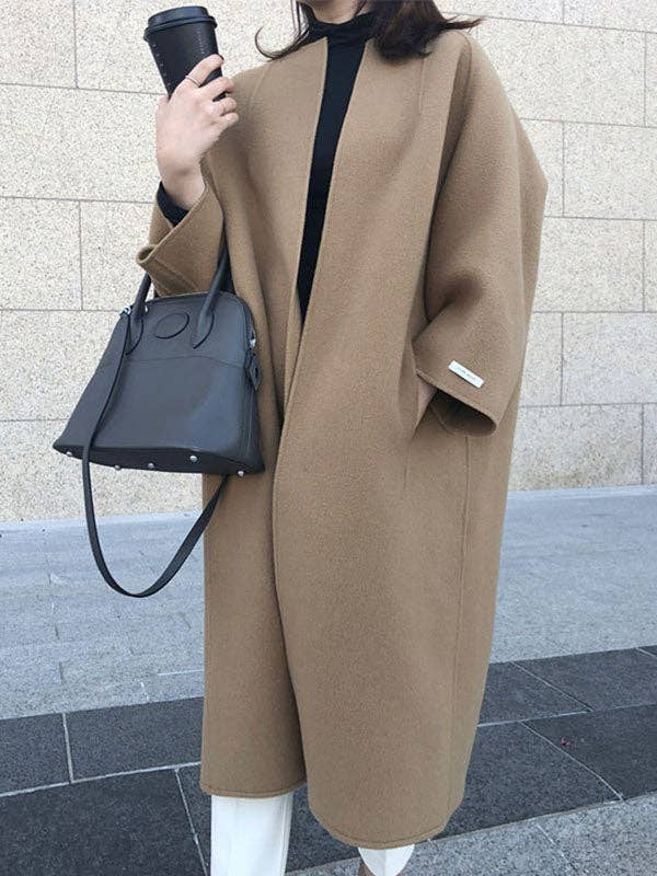StyleGalX - Wholesale Coat - Women's - Long Sleeves Loose Solid Color Collarless Woolen Coat3