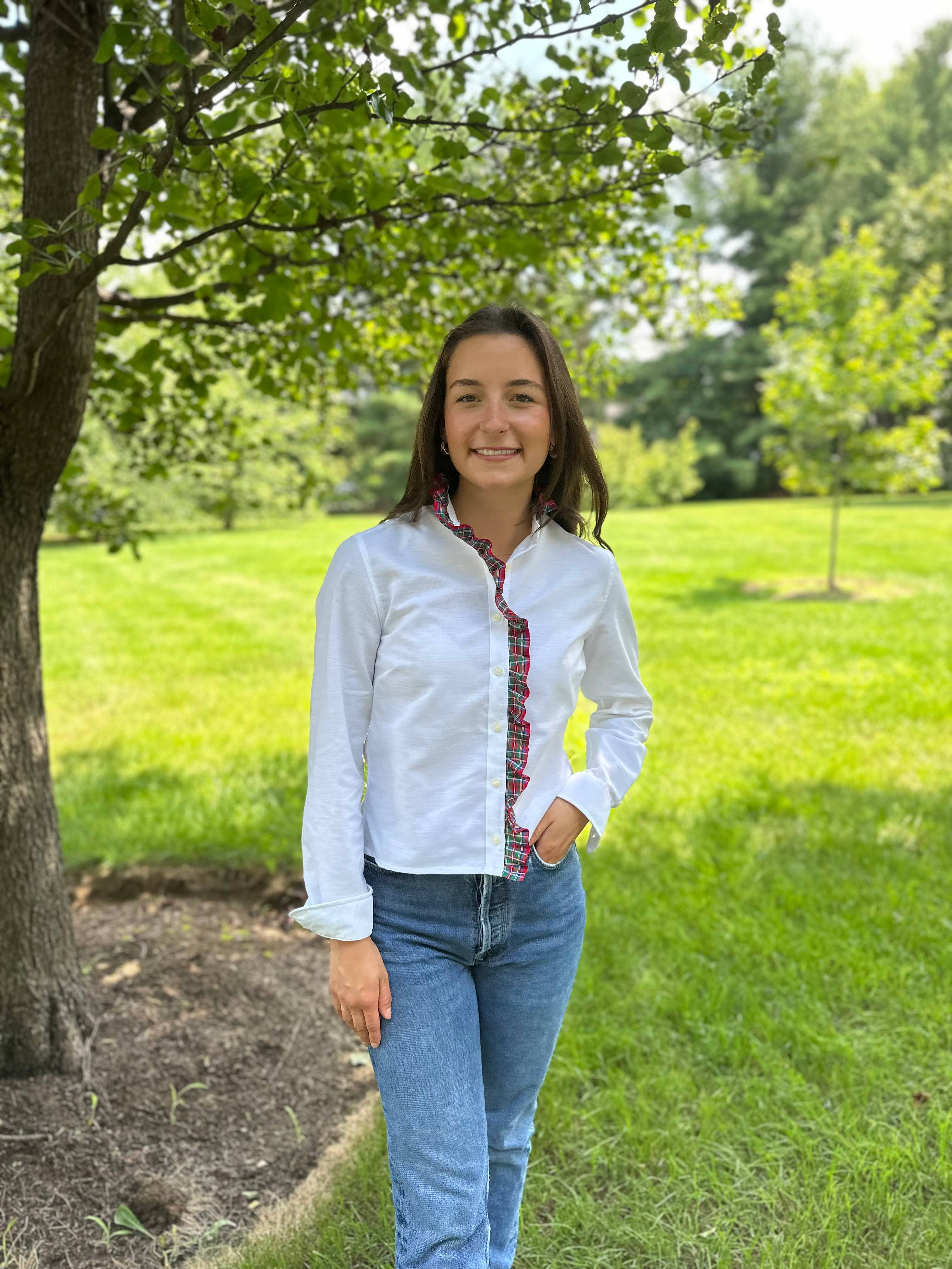 Sophia Holiday Ribbon Untucked Oxford - White w Red Plaid for wholesale on Faire8