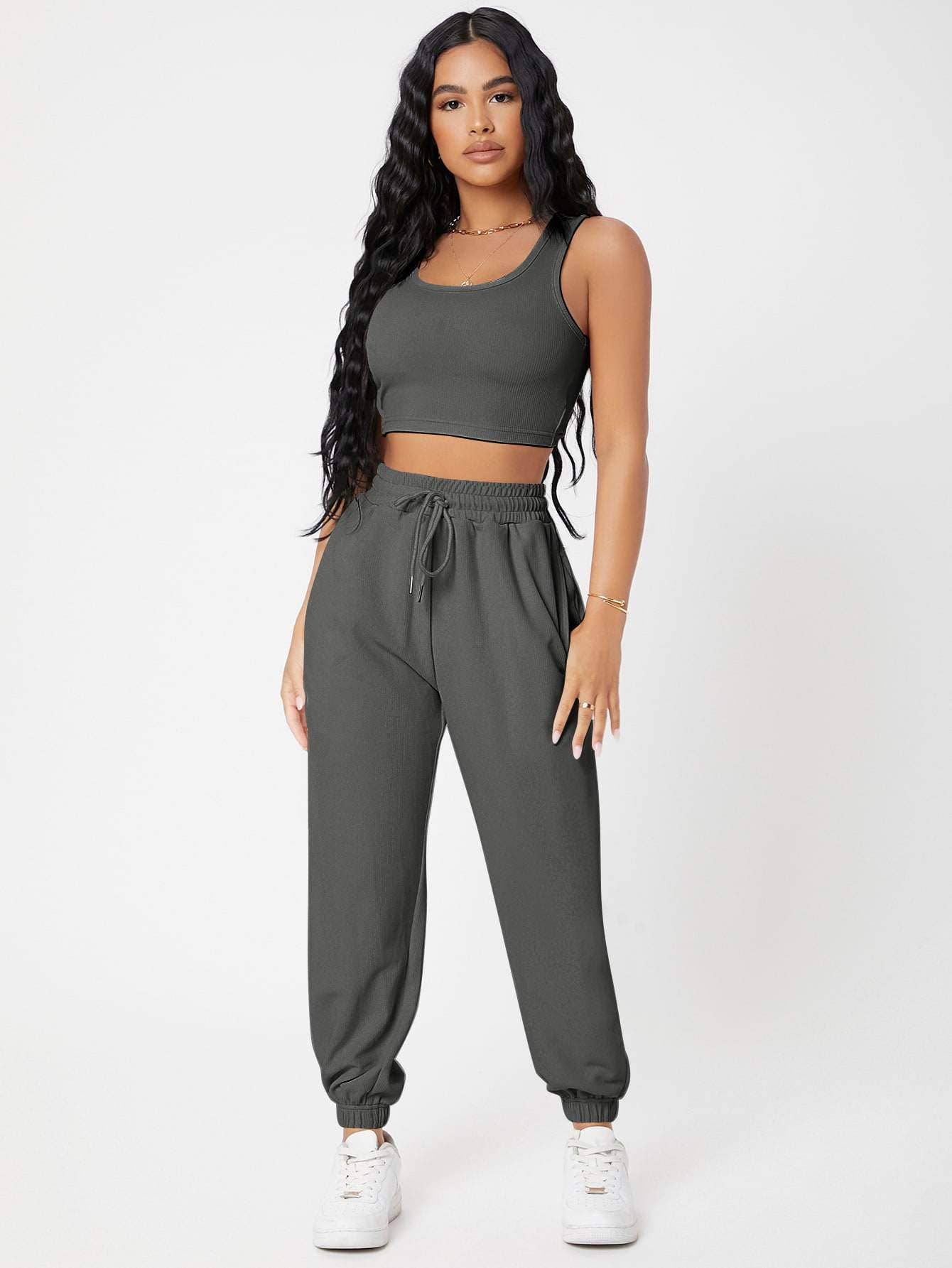 Fashion Combination - Wholesale Lounge set – Women's - petite solid crop tank top and joggers set1