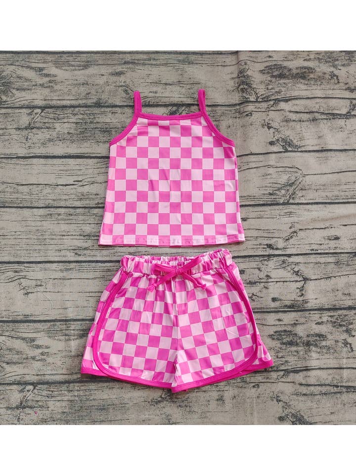 Aier Wholesale - Wholesale Top & Short Set - Kids - Baby Girls Pink Strap Plaid Top Short Sports Sets