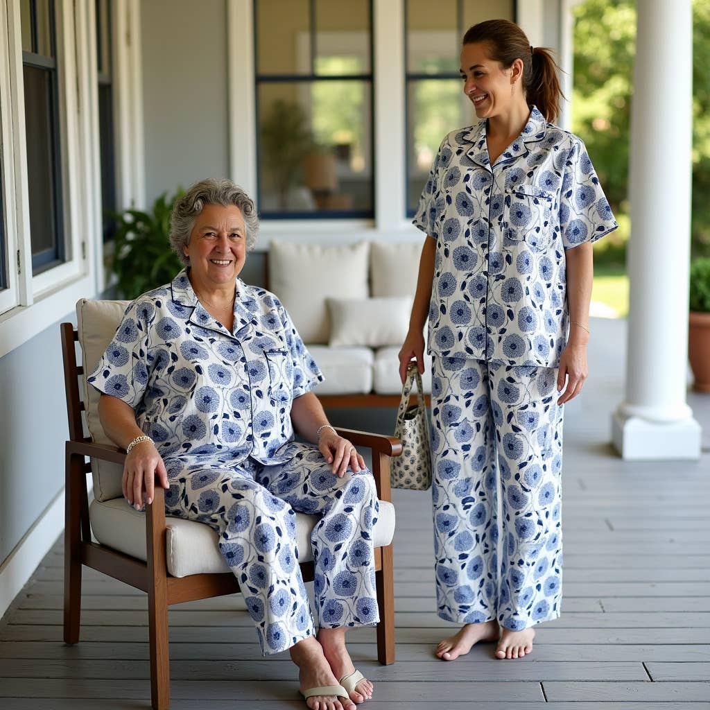 The Indian Bazaar - Wholesale Sleepwear Set - Women's - Womens PJ Set - Oversized Shirt Wide Leg Pant - Blue Floral 3