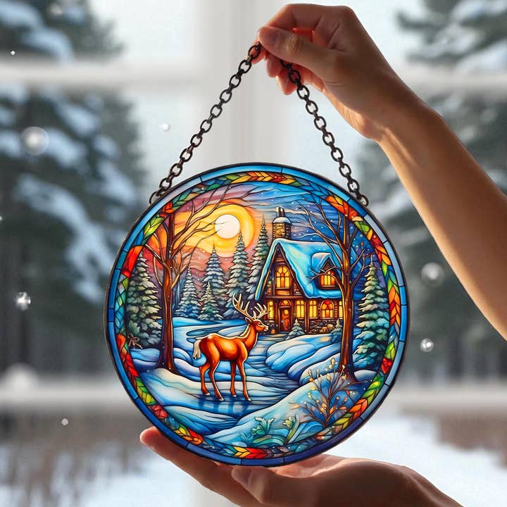 Attrape-soleil en vitrail Bonhomme de neige de Noël, Décoration de fête pour la vente par TMLECOM LTD