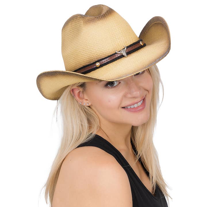 Cap Zone - Wholesale Cowboy Hat - Women's - Buffalo Skull Emblem Belt Quarterhorse Straw Cowboy Hat
