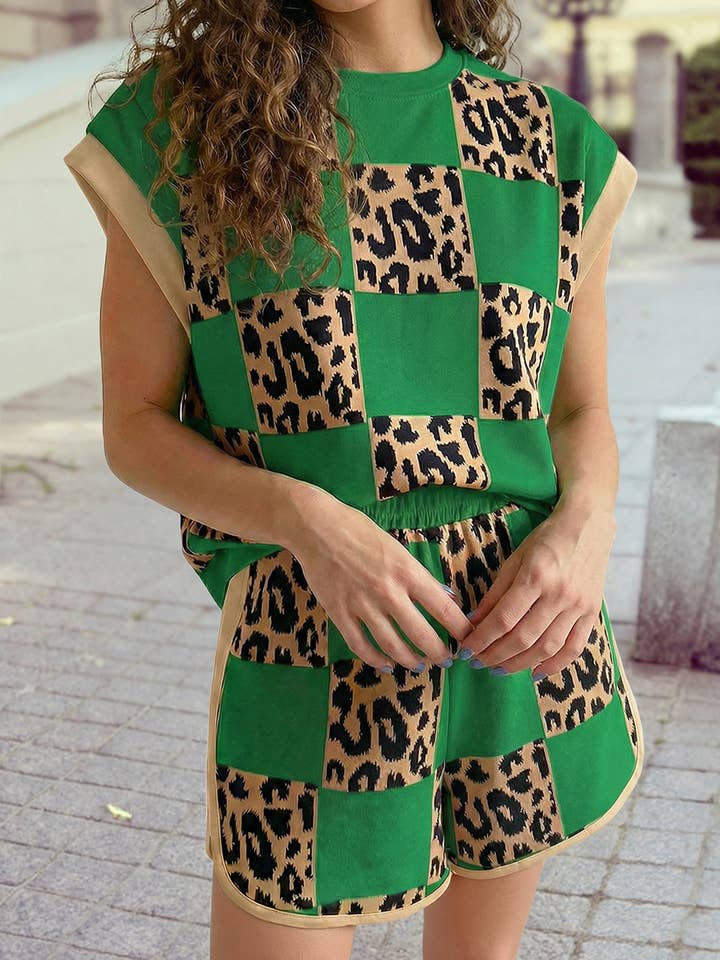 2026 Leopard Checkerboard Knit Top and Short Set for wholesale by 1 the Woman