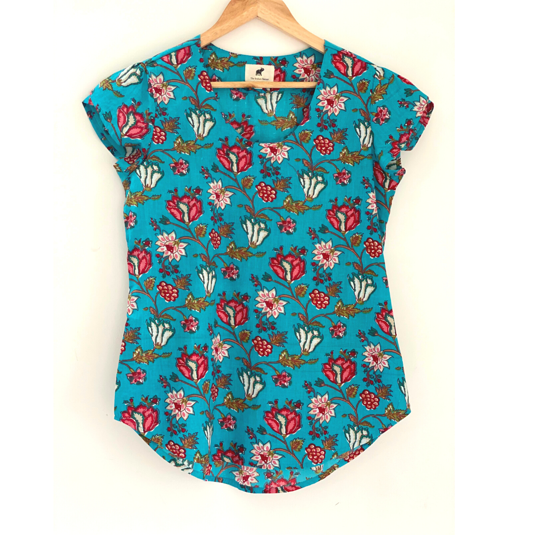 The Indian Bazaar - Wholesale Blouse - Dames - Dames Top - Relaxed Fit Ronde U-hals bloembladmouw Turquoise8