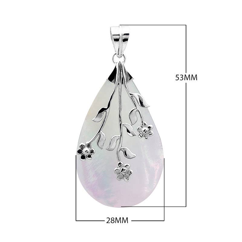 Bali Designs - Wholesale Pendant/Charm Necklace - AP-1047-SH Sterling Silver Mother Of Pearl Teardrop Pendant With Floral Branch Overlay1