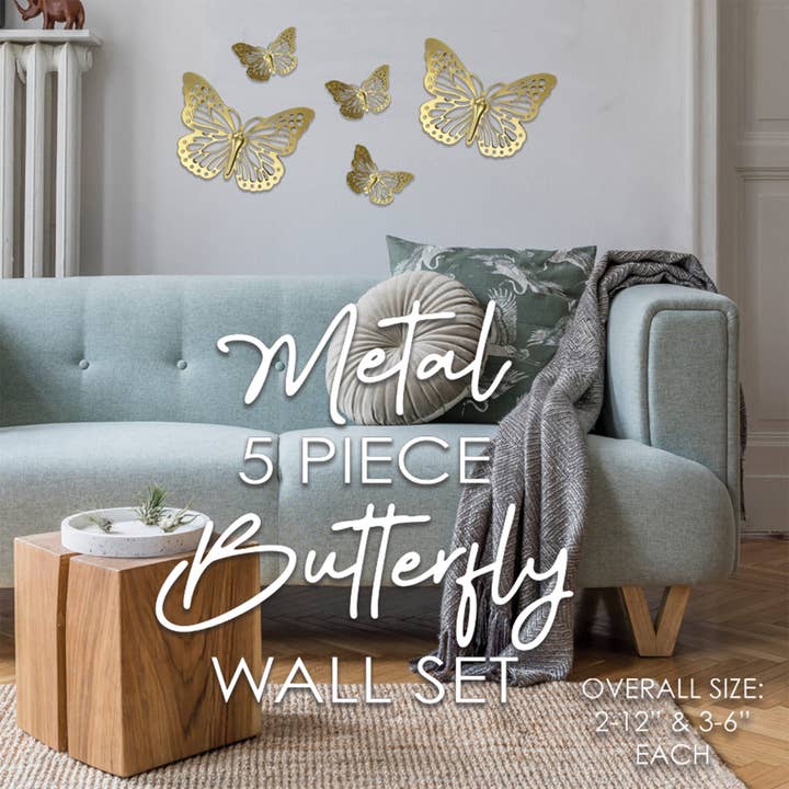 ShopBobbys – wholesale Wall Accent – PREMIUS 5 Piece Metal Butterfly Wall Decor Set, White-Gold, (3) 6 Inches, (2) 12 Inches1