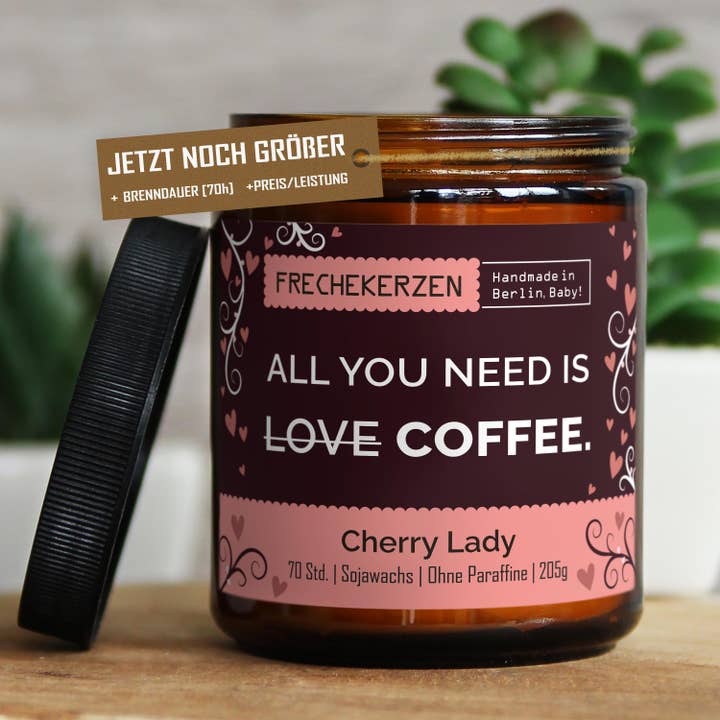 Funny Scented Candle | all you need is love coffee. | Gift S for wholesale by mysoy® Duftkerzen-Manufaktur