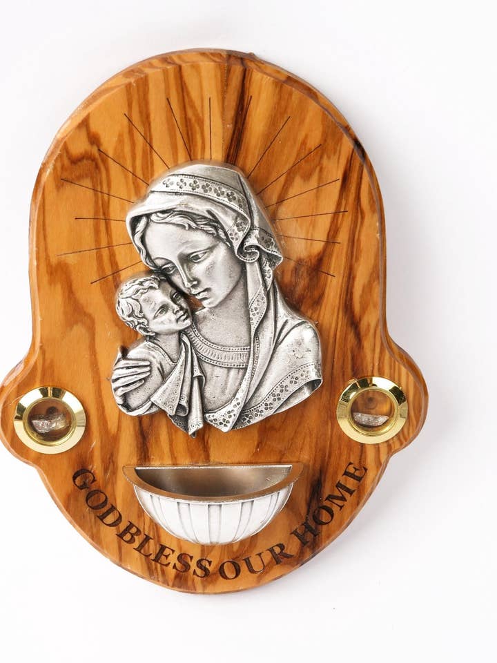 Oliven Træ_Jomfru Maria og Jesusbarnet Plakette 16X12,5cm for engroshandel hos Holyland Artisans