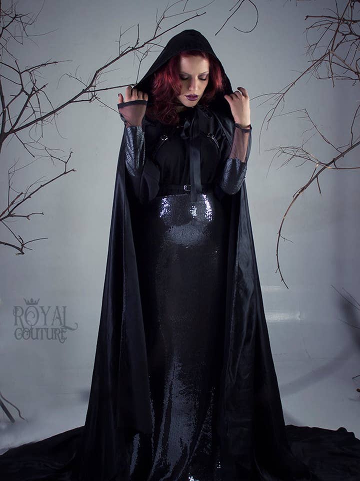 Black Cloak Satin Dark cape with hood for wholesale by Costurero Real