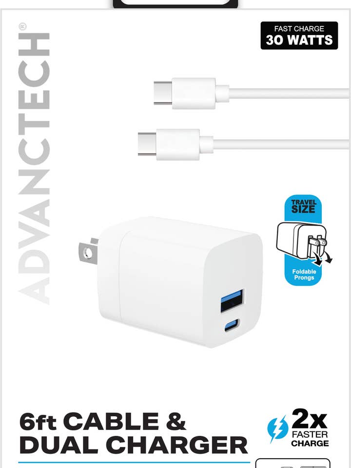 Caricatore da muro a doppia porta da 30W + cavo USB-C a USB-C da 6 piedi per la vendita all'ingrosso da parte di M&S Distributions Corp