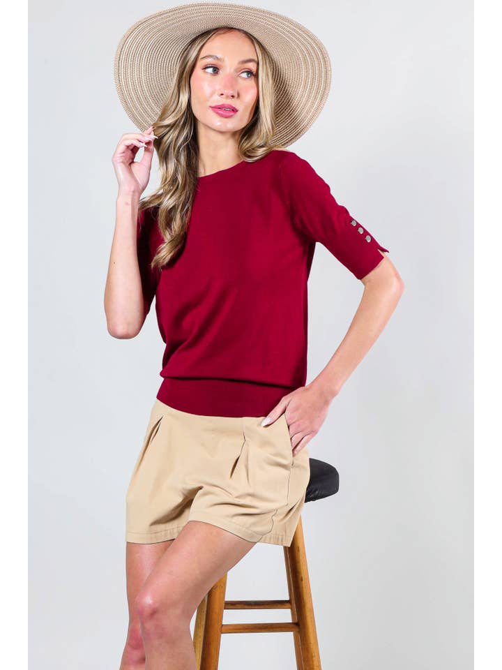 Vine & Love - Wholesale Knit Sweater - Women's - Crew Neck Short-Sleeve Button Detail Sweater Top VT81653-5