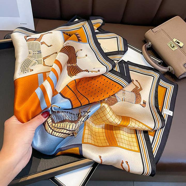 SueSilkHK - Wholesale Scarf - Women's - French Spring/Summer Patchwork Orange Stallion pattern mulberry silk scarf/70CM 100% mulberry silk scarf/Silk shawl/Gift for her