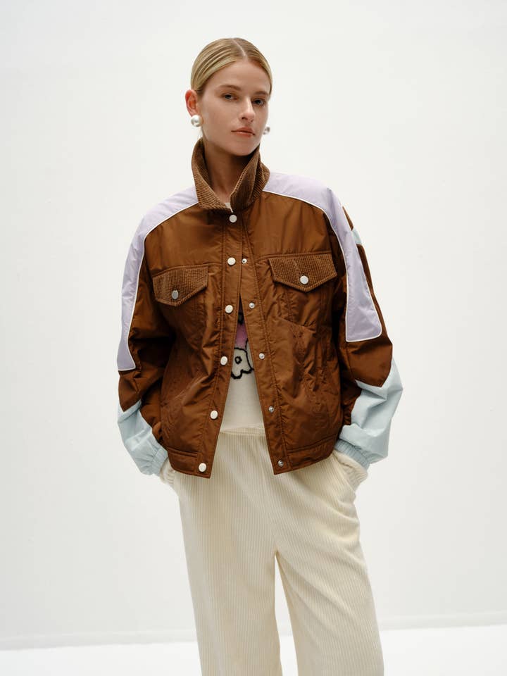 Chocolate Colorblocked Cotton Jacket for wholesale by Urlazh