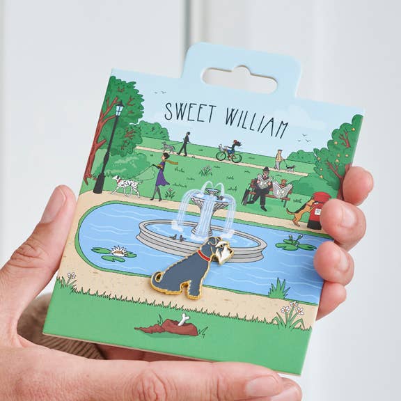 Spilla Cane Schnauzer (Grigio) in smalto placcato oro per la vendita all'ingrosso da parte di Sweet William Designs