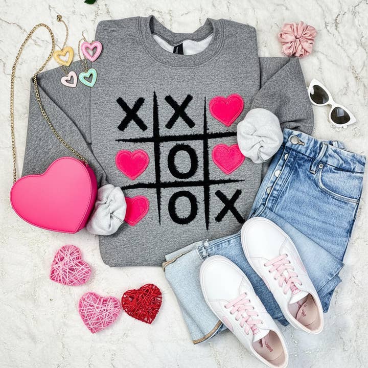 Fluffy & Velvet Tic-Tac-Toe Heart Sweatshirt for wholesale by Trendy Tee Co.