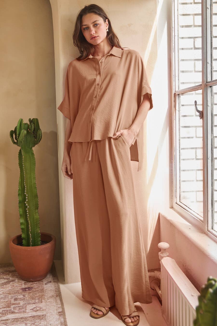 Oddi - Wholesale Top & Pant Set (NOT Loungewear) - Women's - Solid Airflow Shirt & Wide Leg Pants Set0