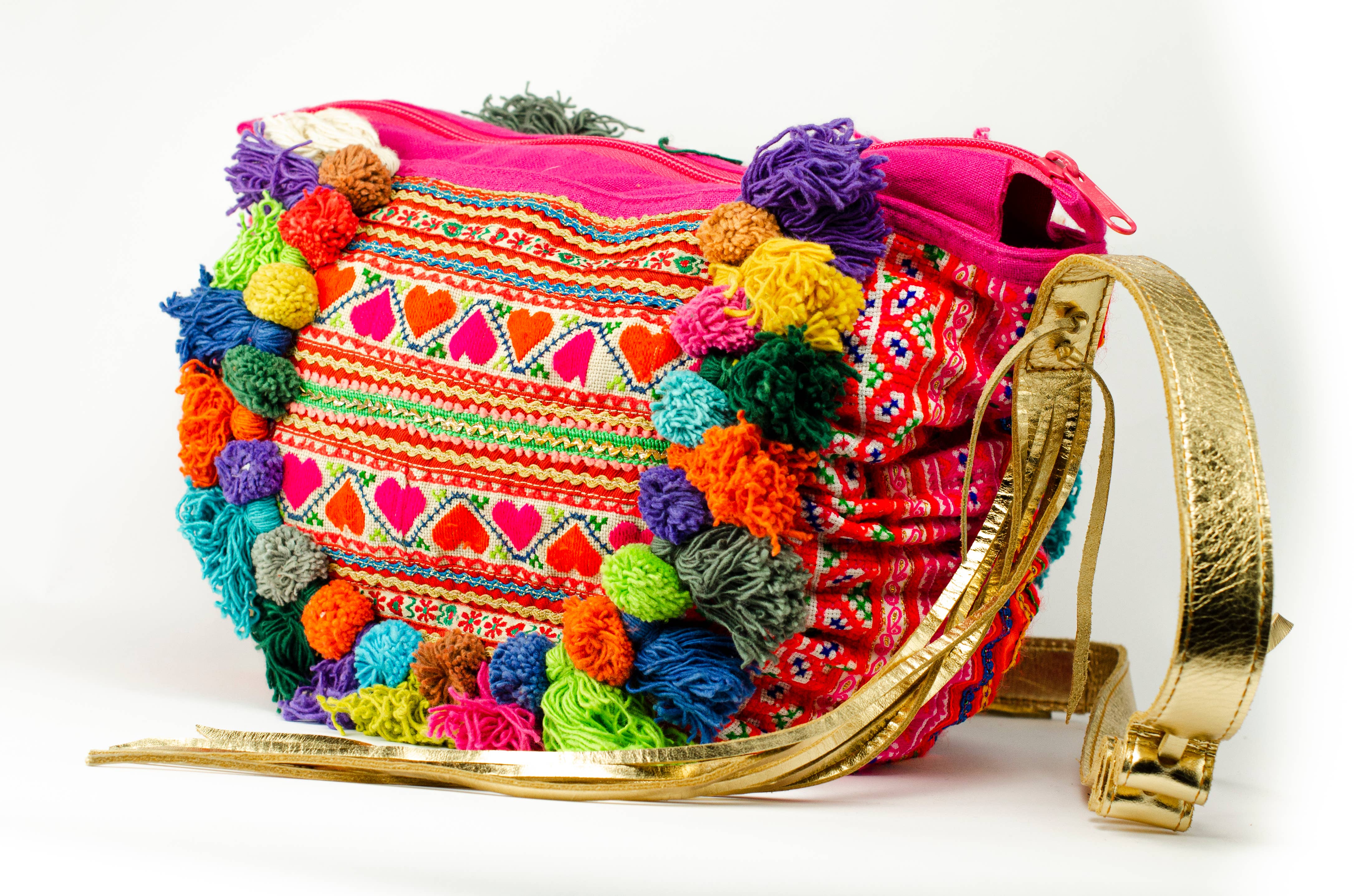 Handmade Boho Yoga Mat Bag with Hmong Embroidery, Large Tribal Pom Pom Mat  Bag 