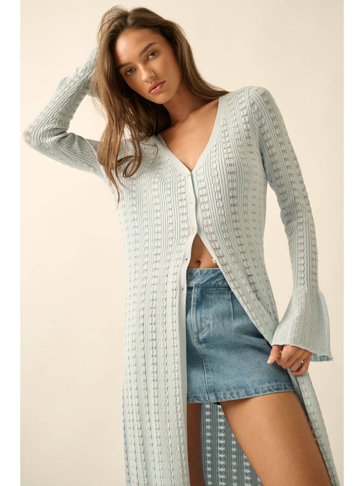 Promesa USA - Wholesale Cardigan - Women's - Pointelle Rib-Knit Trumpet-Sleeve Duster Cardigan4